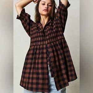 Free People Brown Plaid Button Down Shirt